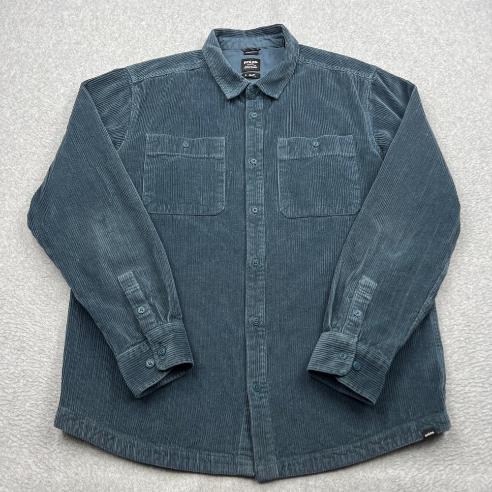prAna Ridgecrest Shirt Men's Large Blue Corduroy Organic Cotton Pocket Button Up